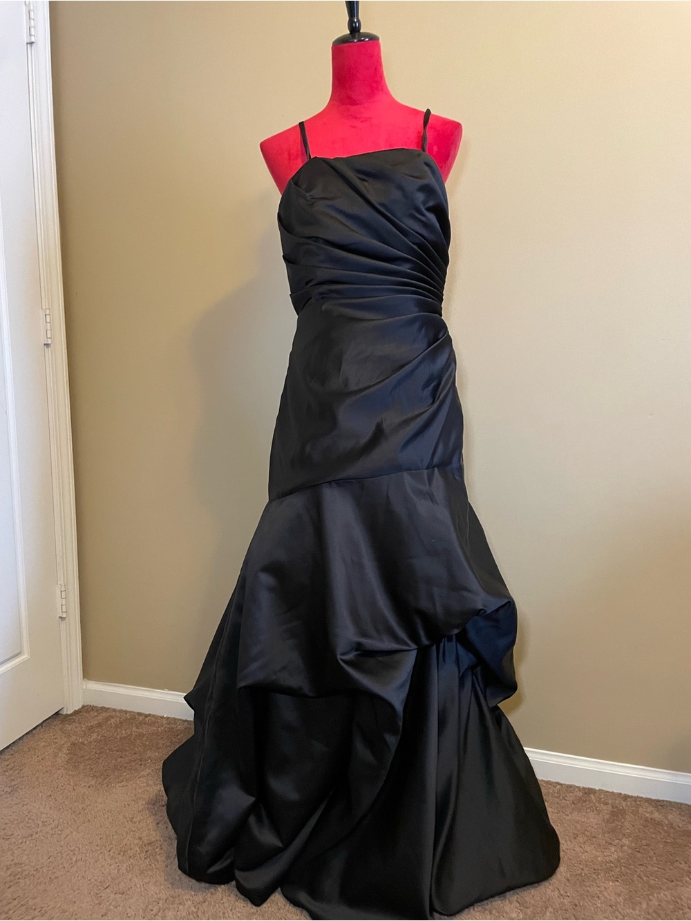 Impressions Black Satin Ruched Spaghetti-Strap Prom Gown